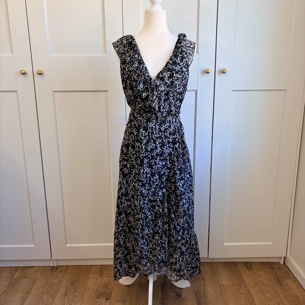 LOFT Black and White Patterned Midi Dress | 8